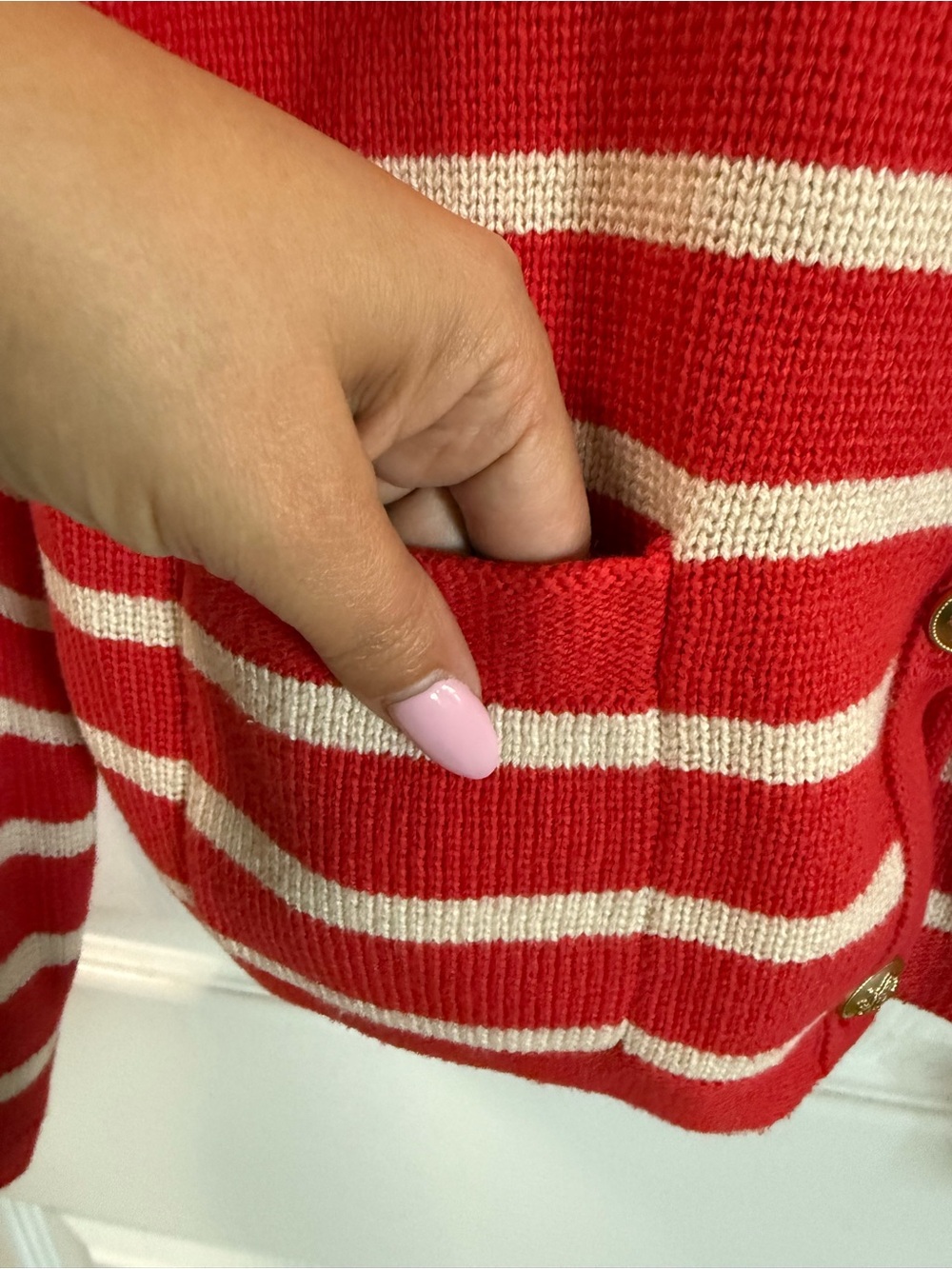 J. Crew Emilie sweater lady jacket a Red and Cream Striped Gold-Button Cardigan - Picture 4 of 7